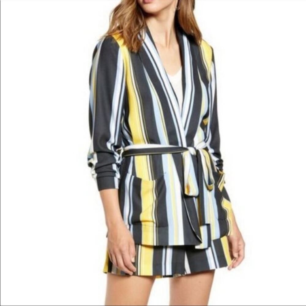 Halogen Black Lucinda Striped Tie Waist Blazer Black Yellow Blue 1X